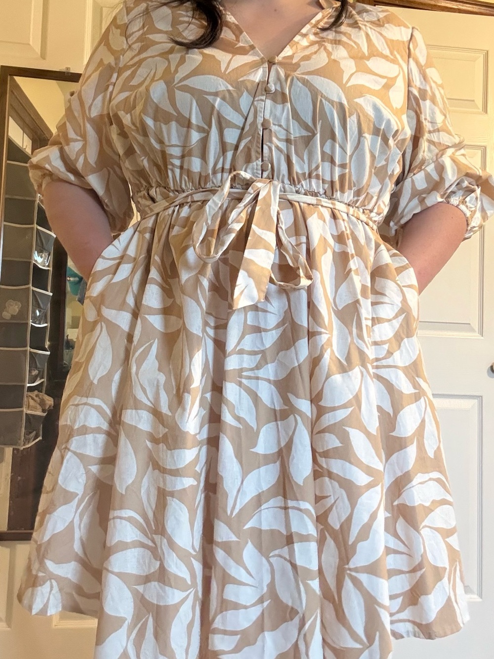 Beige & White Leaf Print Dress